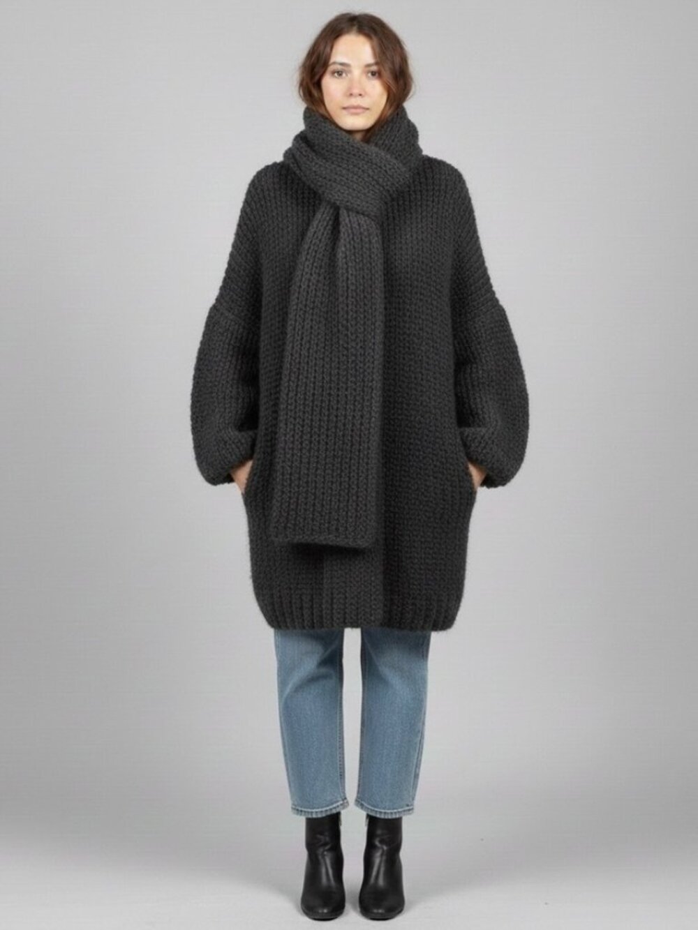 Handmade Gray Chunky Knit Long Cardigan w/ Attached Scarf - Medium